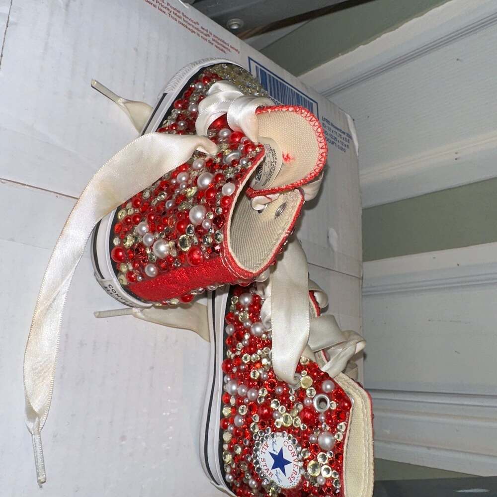 Custom Bling Infant Converse Chuck Taylor High Top Red Pearl Rhinestone